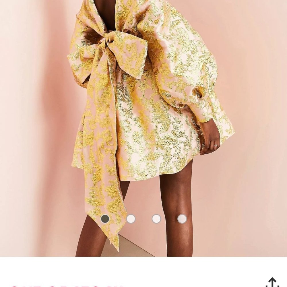 ASOS LUXE Barbot Baby Doll Puff Sleeve Mini Dress in Gold Jacquard Size 4